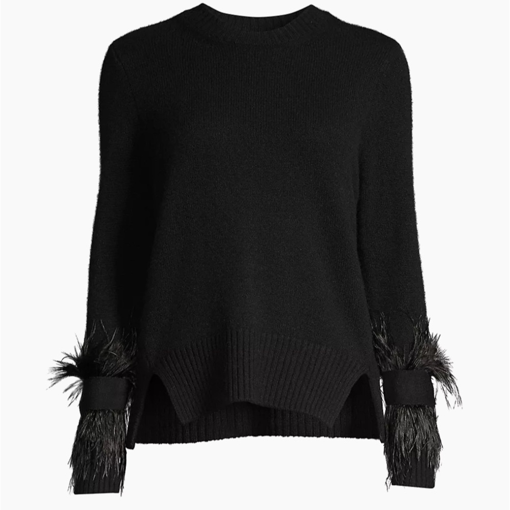 Kobi Halperin  Billie Cashmere & Ostrich Feather Cuff Sweater in Black sz L NWT